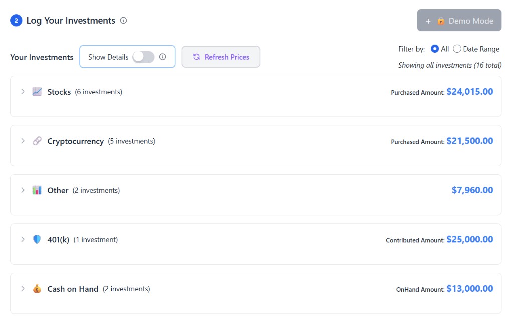 Log Your Investments - portfolio overview with Stocks, Cryptocurrency, Other, 401(k), and Cash on Hand